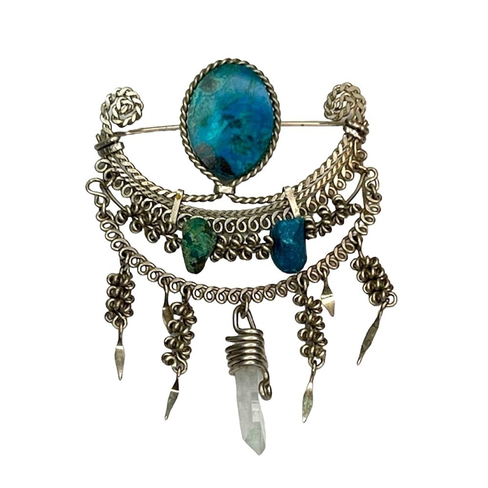 Vintage Peruvian Silver Scroll Wire Crystal Brooch Lapel Pin Chrysocolla Large
